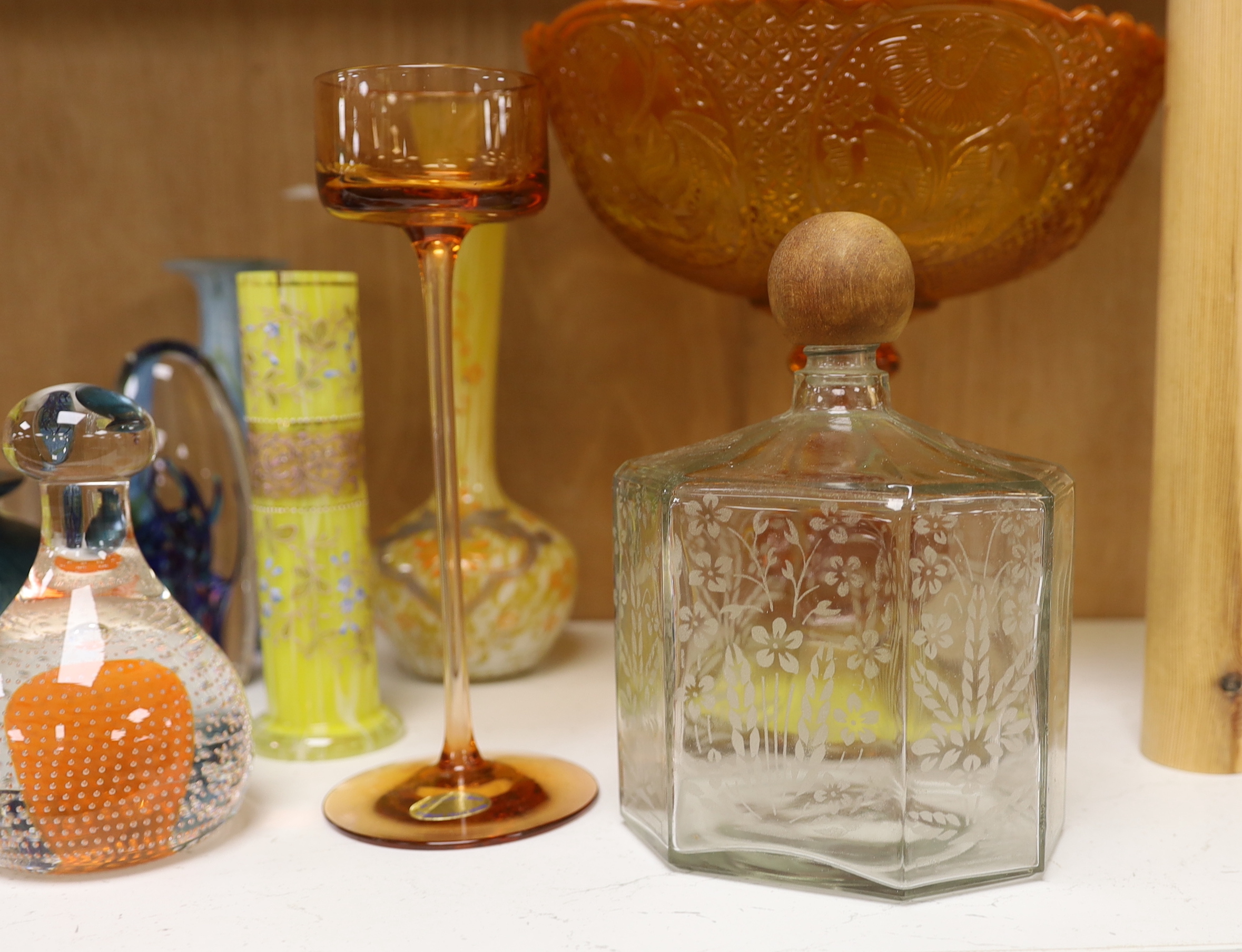 Fourteen glass items, including; paper weights, vases, perfume bottles, a Venetian style mirror and a pressed glass centrepiece, items by Wedgwood, etc.